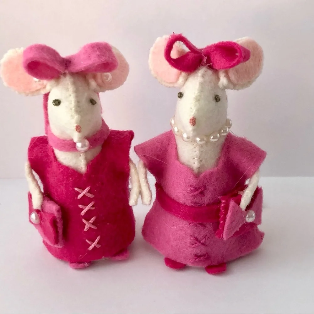 Hot Pink Dress Felt Mouse Art Doll Cake Topper hand-sewn handmade